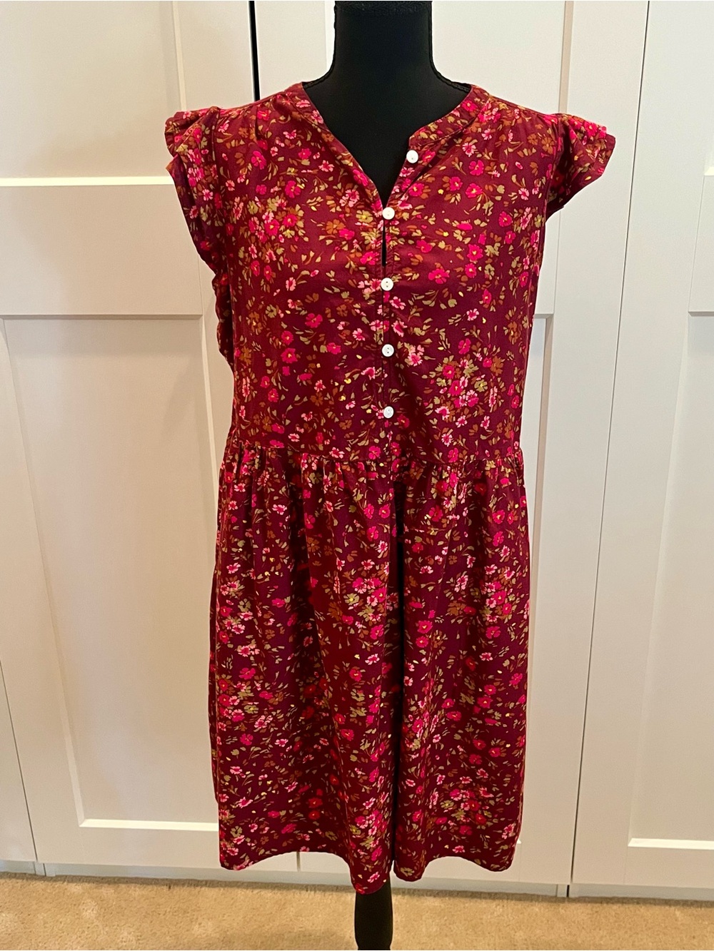 Time and Tru Burgundy Floral Button-Front Dress in Rich Fall Colors Cottagecore